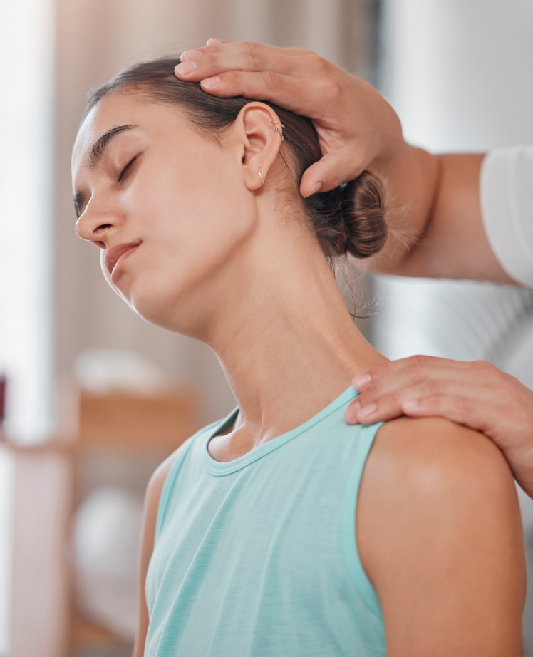 A young woman guided for a neck pain treatment.